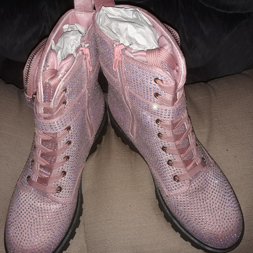 Rhinestone Platform Combat Boots with Side Pouch